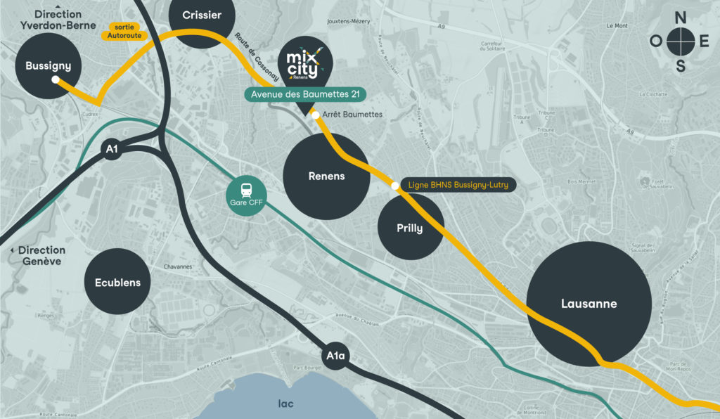 Plan de situation de MixCity à Renens et du tracé du BHNS de l’Ouest lausannois