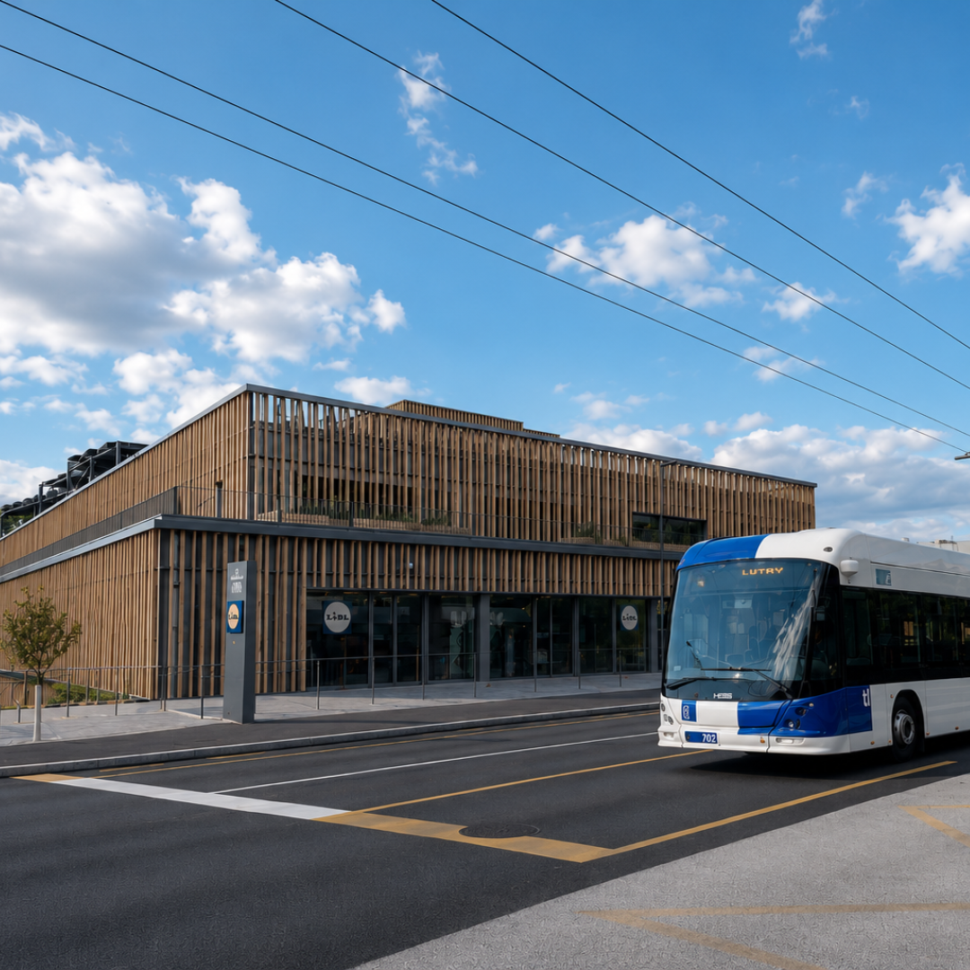 Le BHNS de l’Ouest lausannois devant la façade en bois de MixCity à Renens